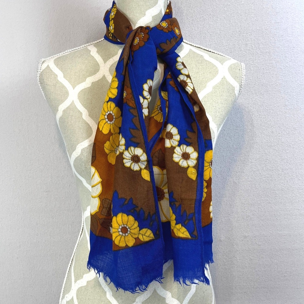 Vintage German Wool Scarf Blue‎ Brown Yellow Floral Retro 70s Fringe
